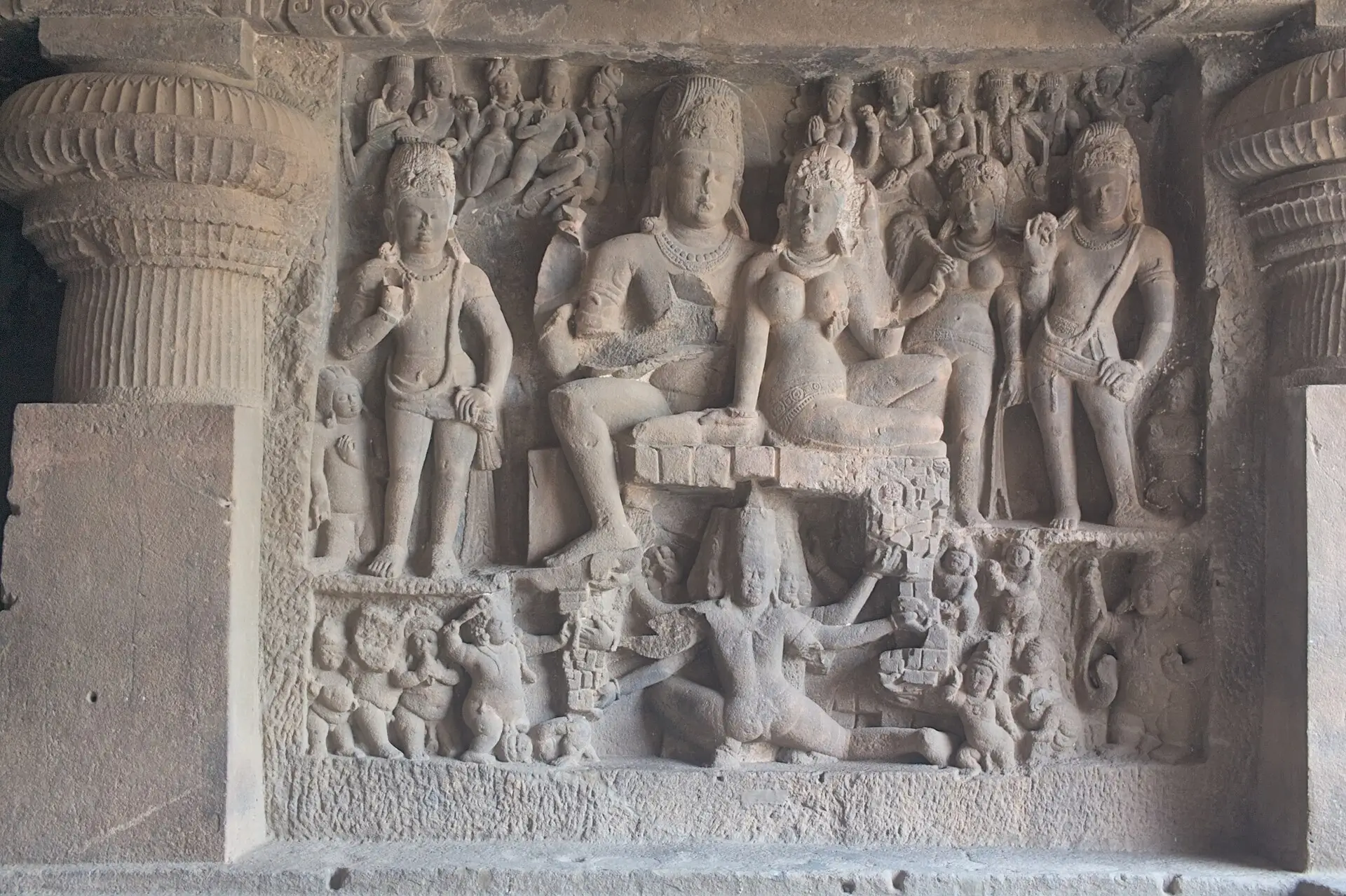 Shiva Tandava Stotram: Lyrics, Meaning and Ravana's Story 8 The Ravananugraha panel at the Kailasa temple, Ellora, with Ravana beneath Mount Kailash and Shiva above