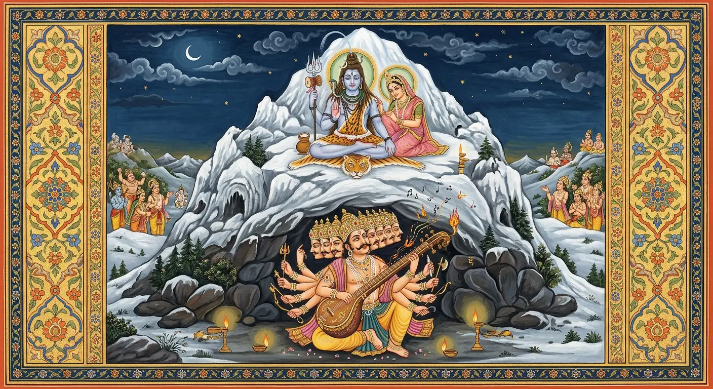 Shiva Tandava Stotram: Lyrics, Meaning and Ravana's Story 6 Illustration of Ravana singing to Shiva under Mount Kailash with a veena, in the traditional painting style